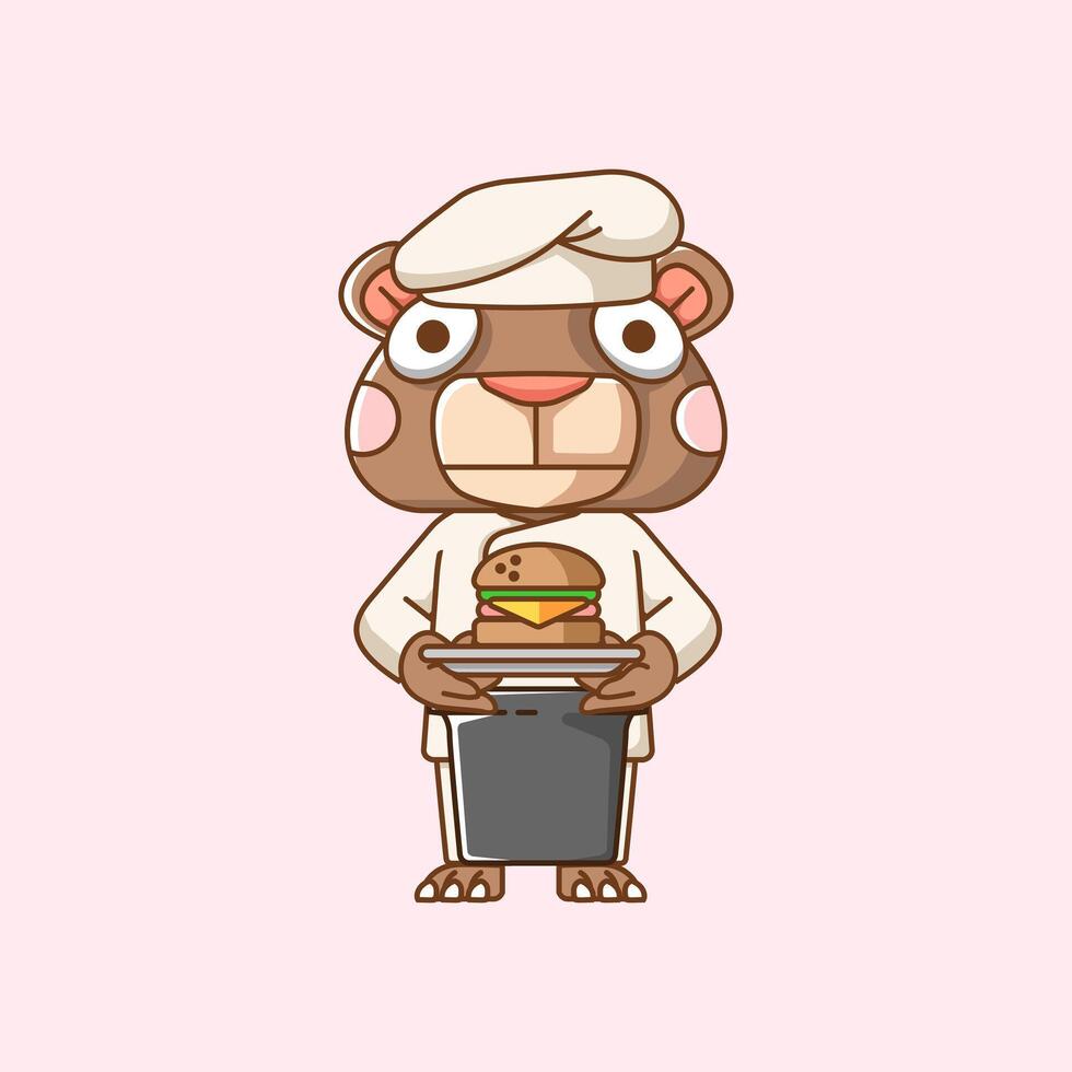 schattig beer chef koken dienen voedsel dier chibi karakter mascotte icoon vlak lijn kunst stijl illustratie concept tekenfilm vector