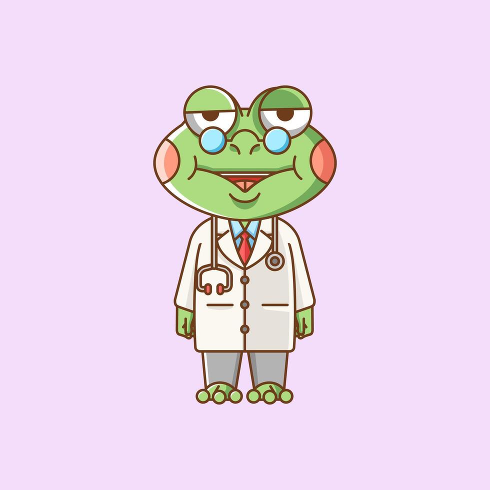 schattig kikker dokter medisch personeel chibi karakter mascotte icoon vlak lijn kunst stijl illustratie concept tekenfilm vector