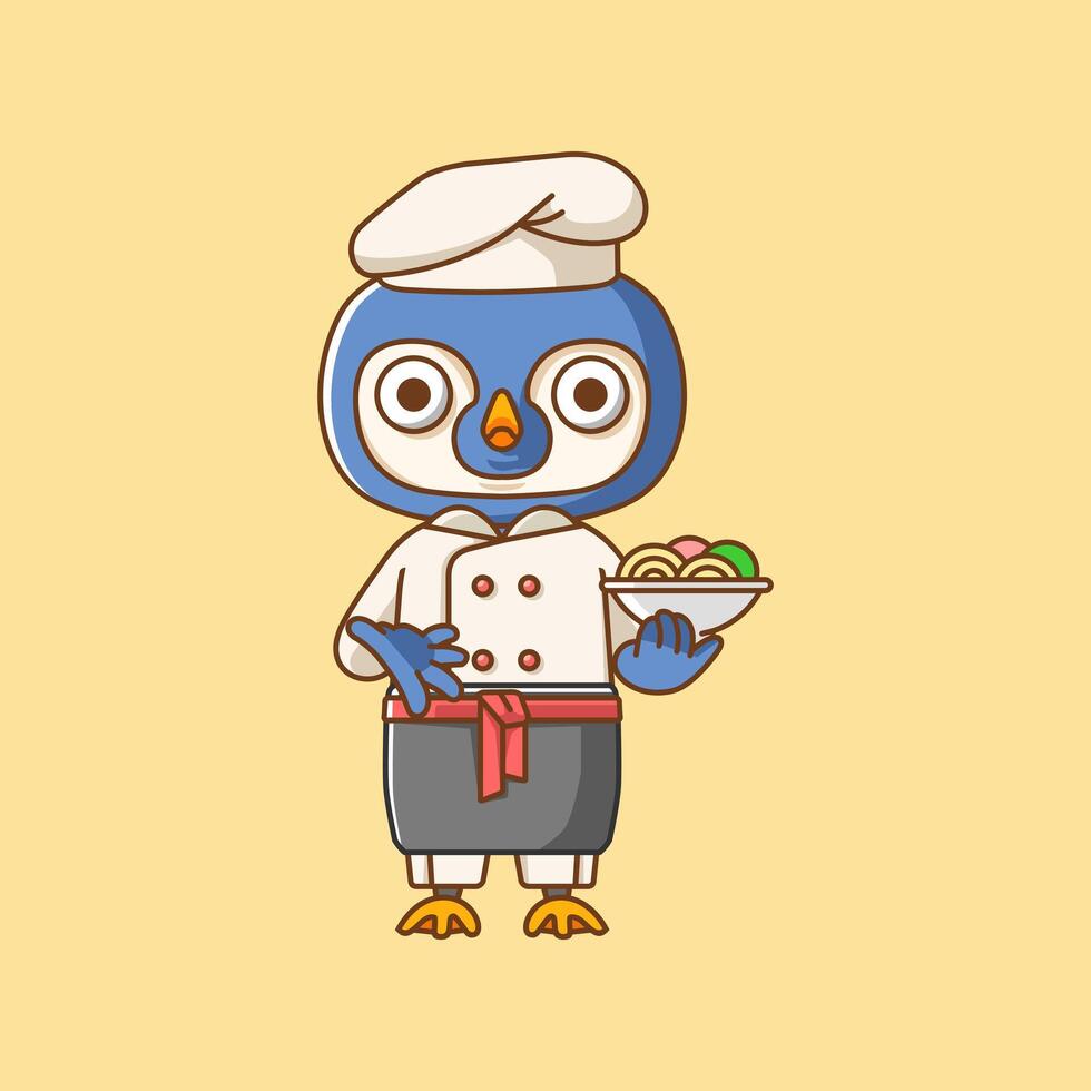 schattig pinguïn chef koken dienen voedsel dier chibi karakter mascotte icoon vlak lijn kunst stijl illustratie concept tekenfilm vector