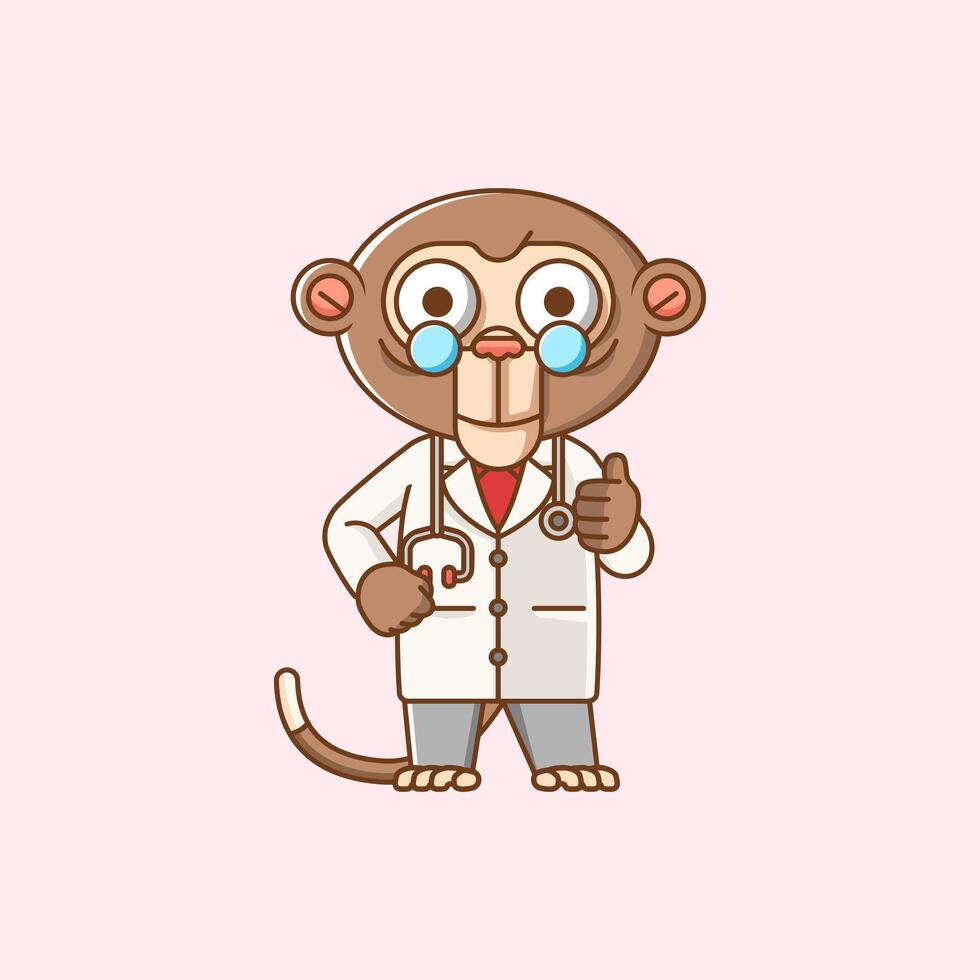 schattig aap dokter medisch personeel chibi karakter mascotte icoon vlak lijn kunst stijl illustratie concept tekenfilm vector