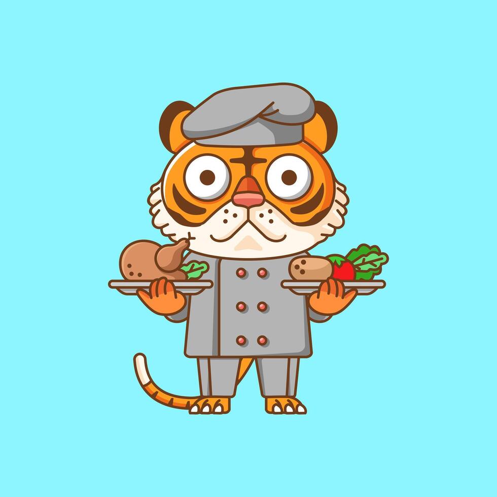 schattig tijger chef koken dienen voedsel dier chibi karakter mascotte icoon vlak lijn kunst stijl illustratie concept tekenfilm vector