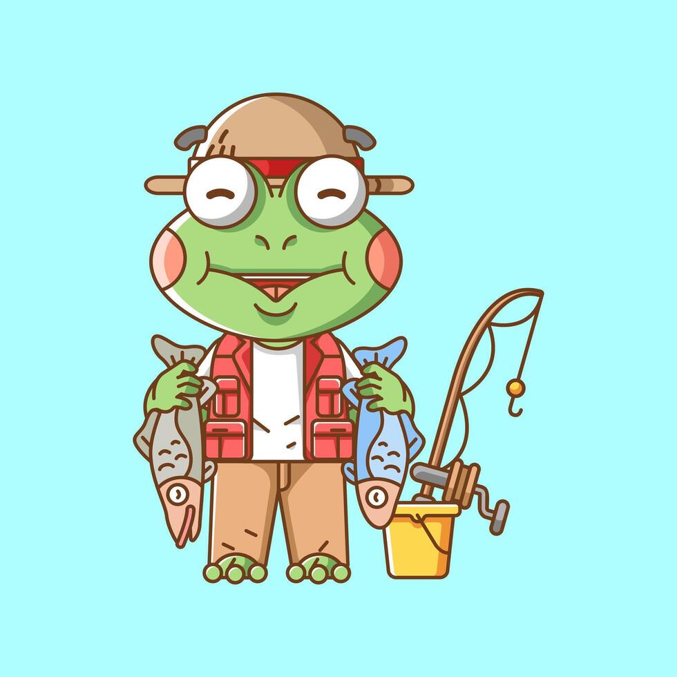 schattig kikker visser visvangst dier chibi karakter mascotte icoon vlak lijn kunst stijl illustratie concept tekenfilm vector