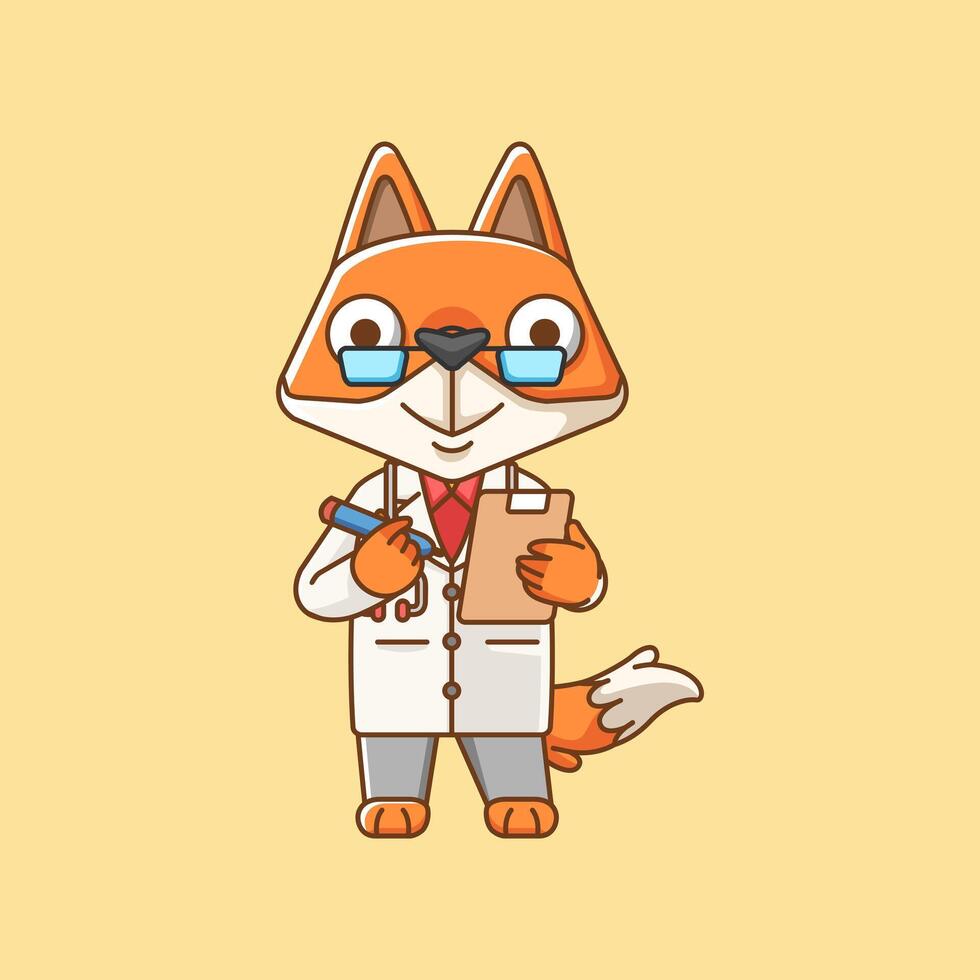 schattig vos dokter medisch personeel chibi karakter mascotte icoon vlak lijn kunst stijl illustratie concept tekenfilm vector