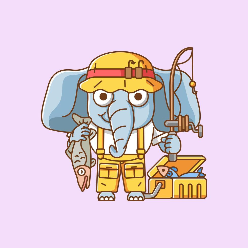 schattig olifant visser visvangst dier chibi karakter mascotte icoon vlak lijn kunst stijl illustratie concept tekenfilm vector