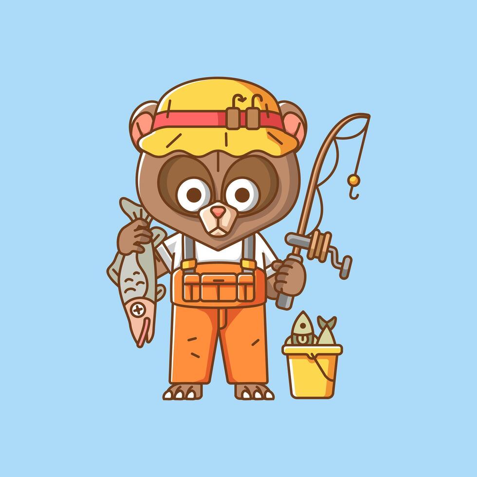 schattig beer visser visvangst dier chibi karakter mascotte icoon vlak lijn kunst stijl illustratie concept tekenfilm vector