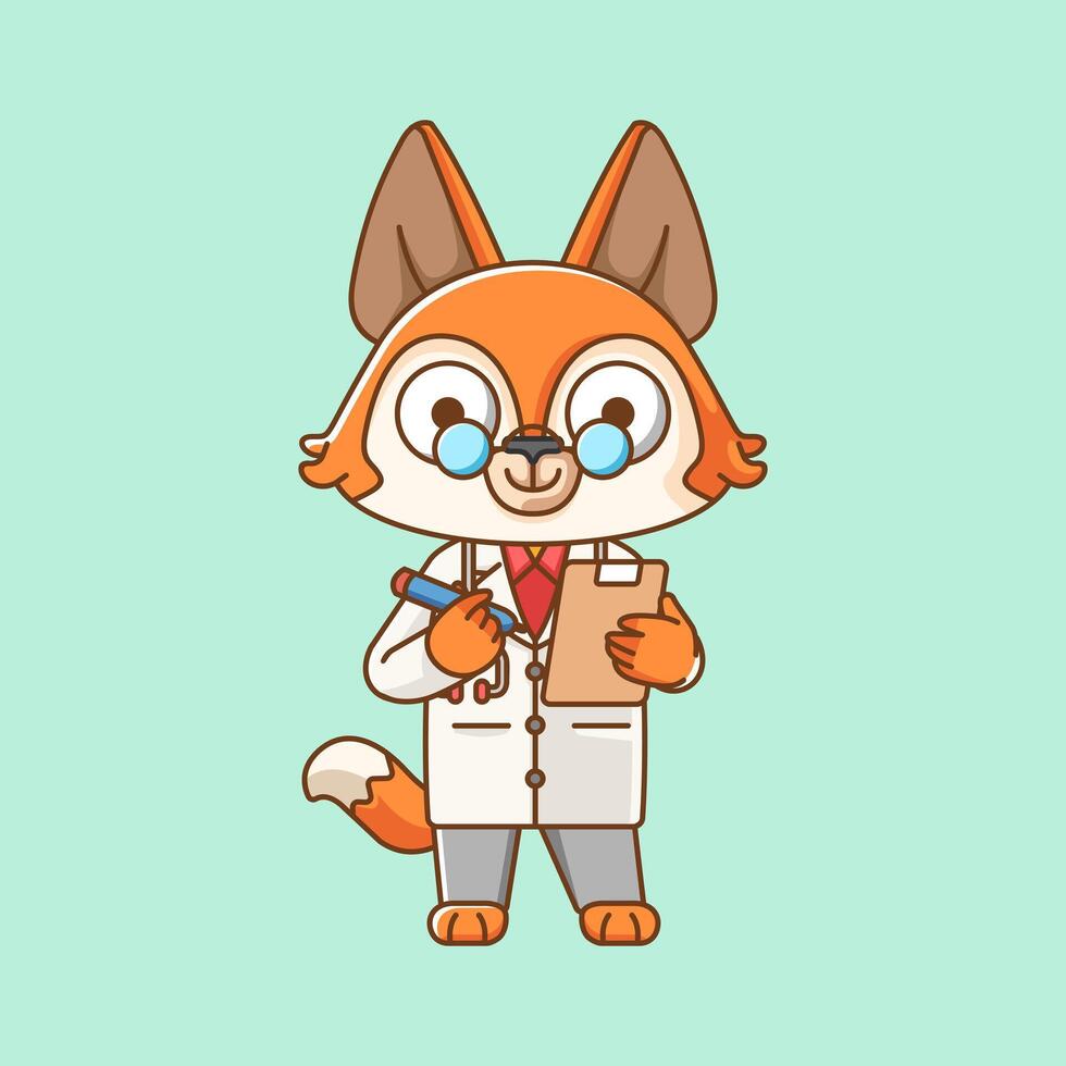 schattig vos dokter medisch personeel chibi karakter mascotte icoon vlak lijn kunst stijl illustratie concept tekenfilm vector