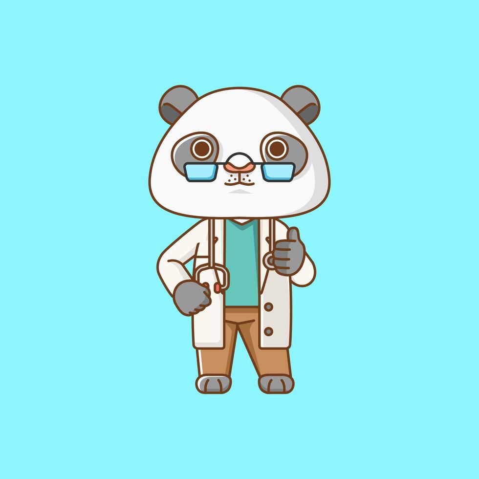 schattig panda dokter medisch personeel chibi karakter mascotte icoon vlak lijn kunst stijl illustratie concept tekenfilm vector
