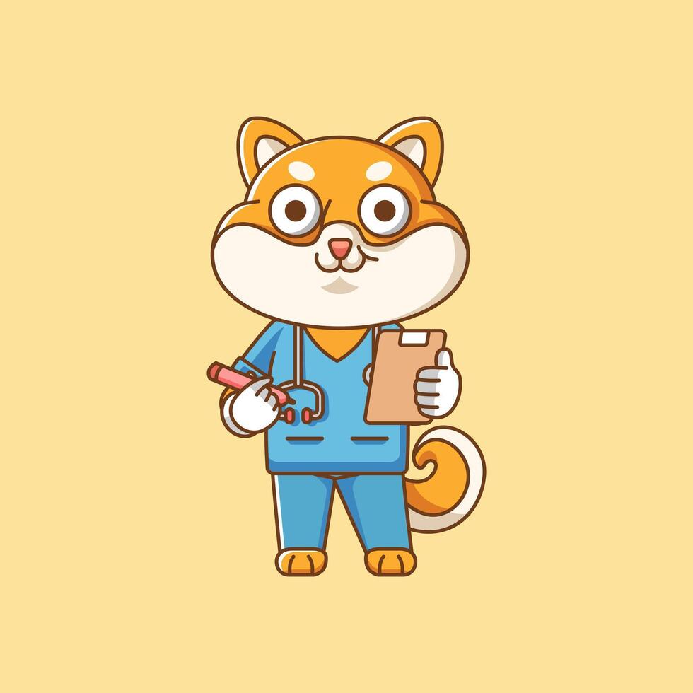 schattig shiba inu hond dokter medisch personeel chibi karakter mascotte icoon vlak lijn kunst stijl illustratie concept tekenfilm vector