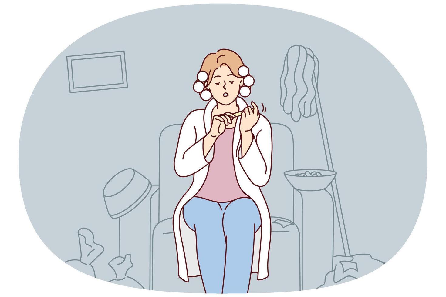 zorgeloos vrouw zit Aan fauteuil nemen zorg van nagels negeren vuilnis in appartement. vector beeld
