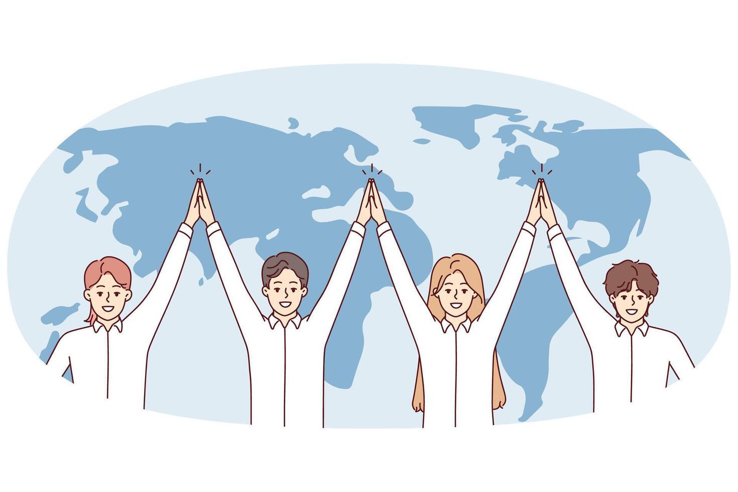 vriendelijk team van Internationale bedrijf is staand in de buurt wereld kaart met hun handen omhoog. vector beeld