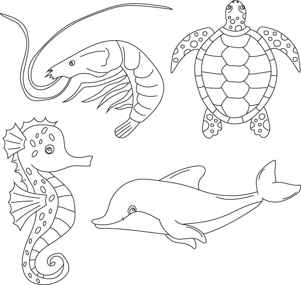 aquatisch dieren clip art set. zee dieren van dolfijn, zee schildpad, zeepaardje, garnaal vector