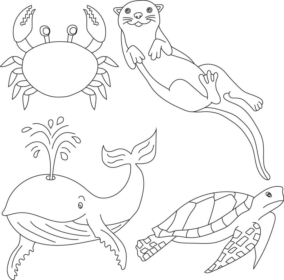 aquatisch dieren clip art set. zee dieren van walvis, zee schildpad, Otter, krab vector