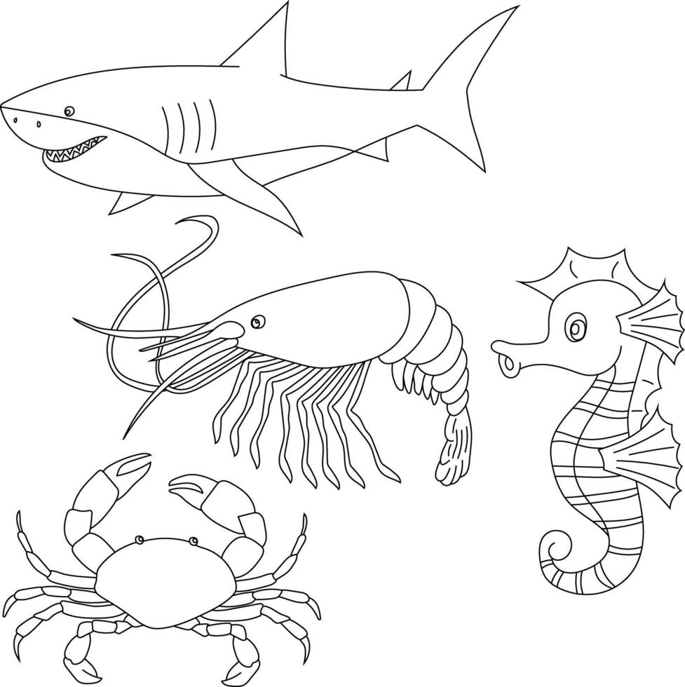 aquatisch dieren clip art set. zee dieren van haai, garnaal, zeepaardje, krab vector