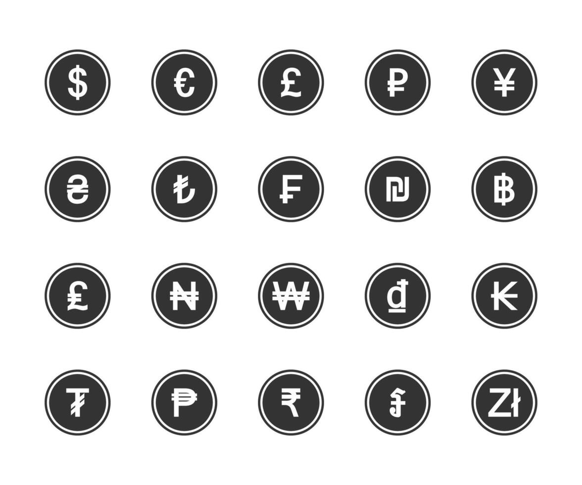 valuta pictogrammen set. meest gebruikt valuta symbolen. vlak vector illustratie.