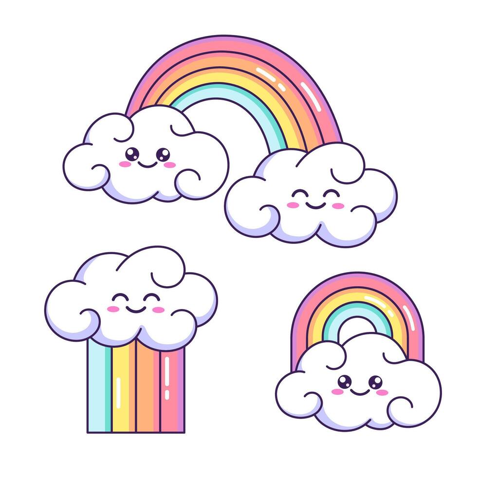 schattig tekenfilm regenbogen met glimlachen wolken. kinderen, kinderen vector illustraties, tekeningen