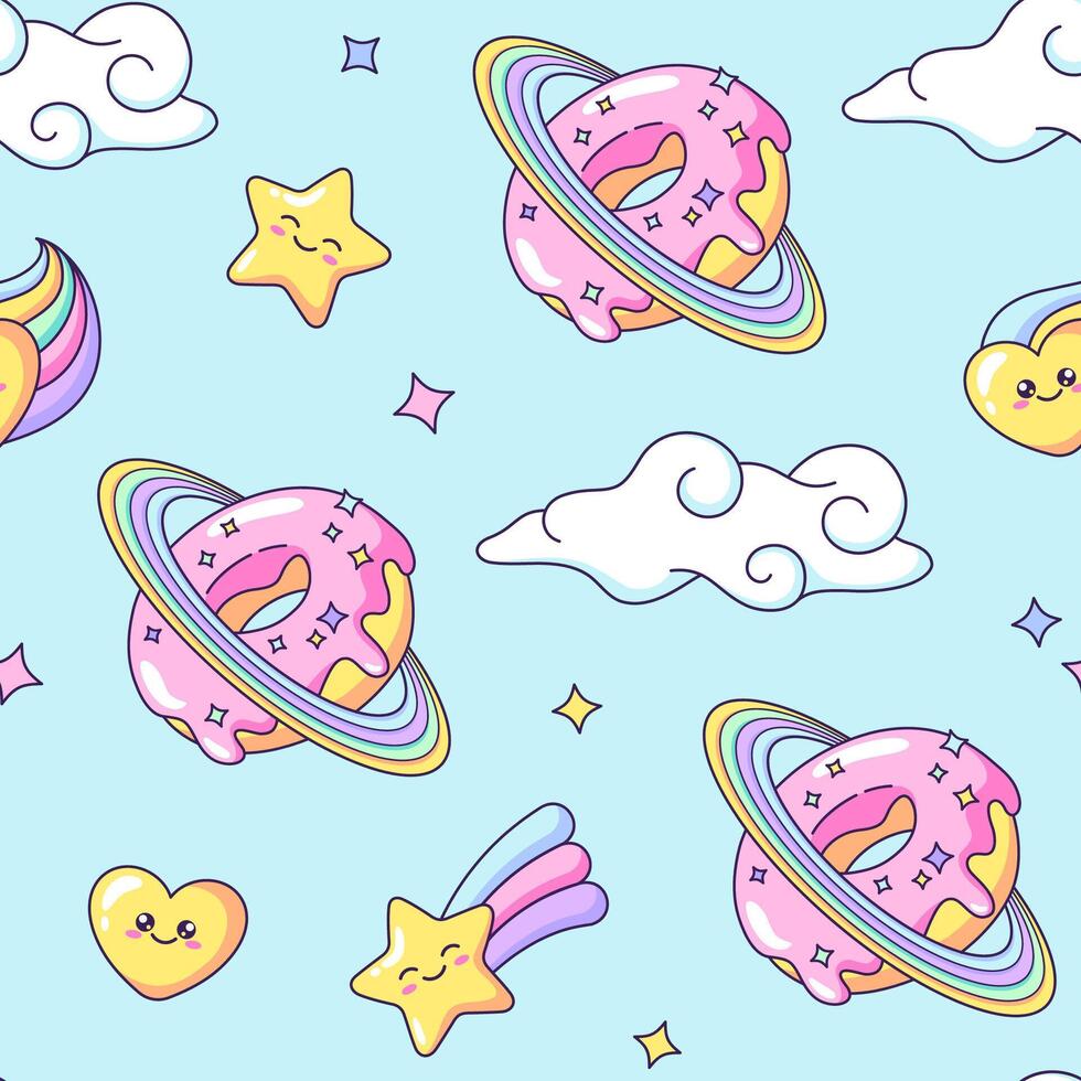 ruimte donut, donut planeet met regenboog ringen naadloos patroon, achtergrond. schattig tekenfilm tekening, vector illustratie met sterren, harten en wolken