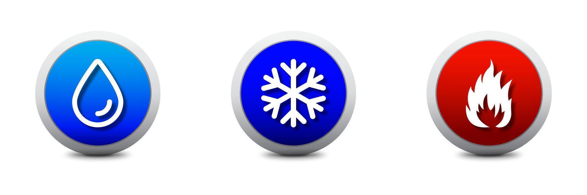 water, vuur, en sneeuwvlok pictogrammen. heet en verkoudheid symbolen. warmte en koud. bevriezing sneeuw en brand icoon vlak vector illustratie.