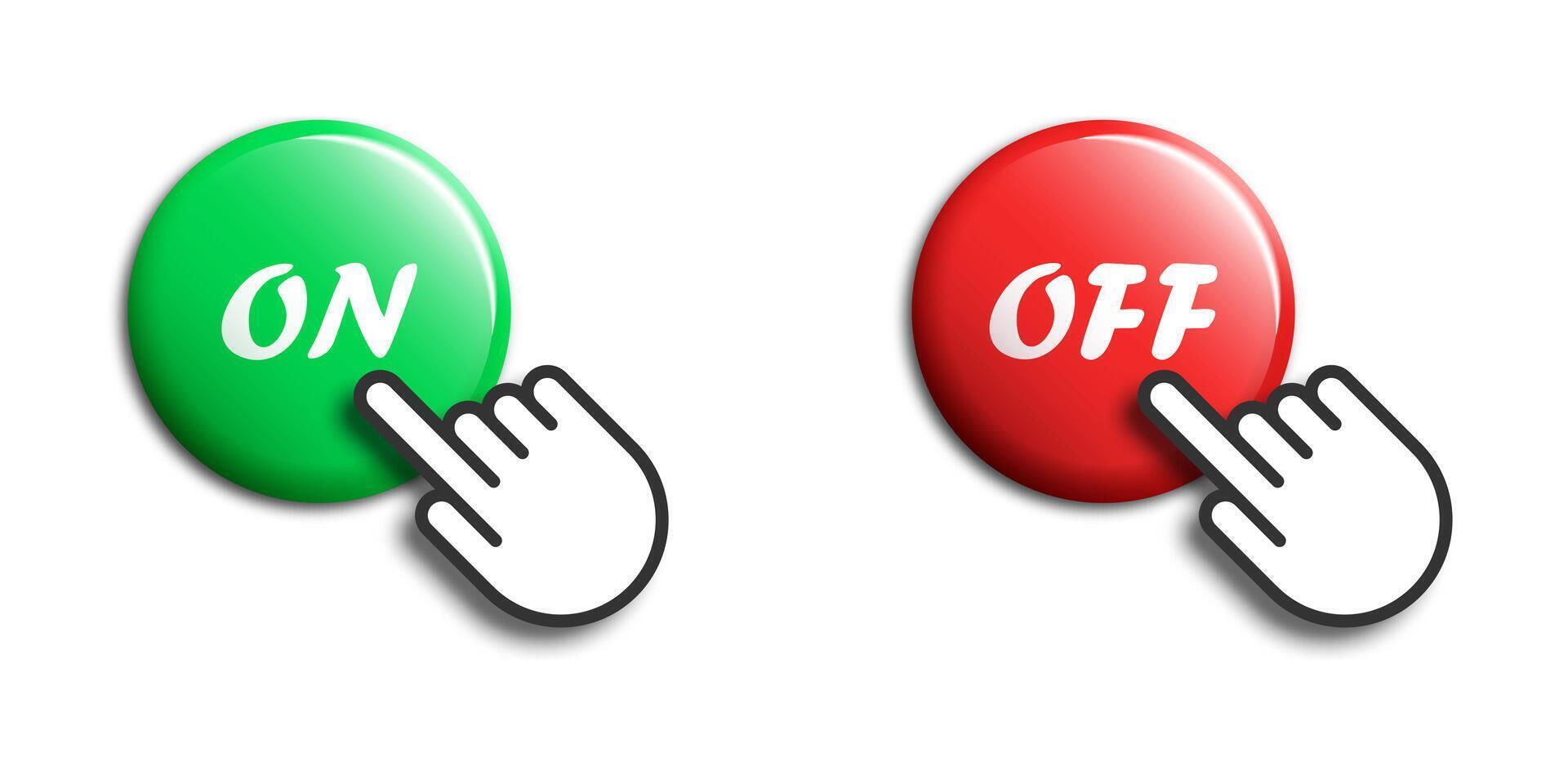 Klik hand- cursor met toetsen en tekst Aan uit. klikken hand- Aan en uit toetsen in rood en groen kleuren. vector illustratie.