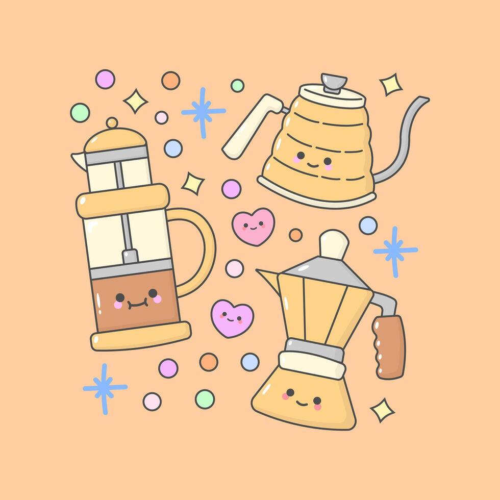 een kop van thee koffie machine Boon met schattig gelaats uitdrukkingen en pastel kleur vector