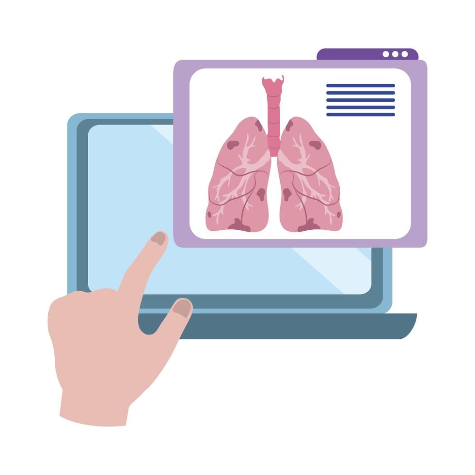 online arts, hand aanraken display laptop diagnostische long medische covid 19, platte stijlicoon vector