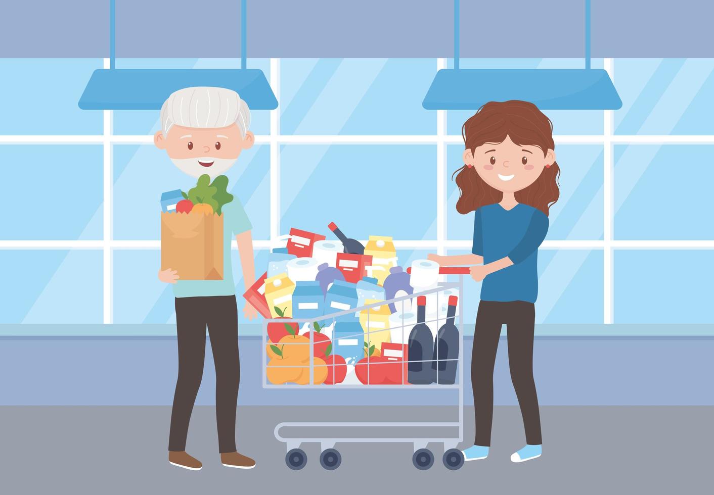 oude man met boodschappentas en vrouw met winkelwagen vol eigen risico vector