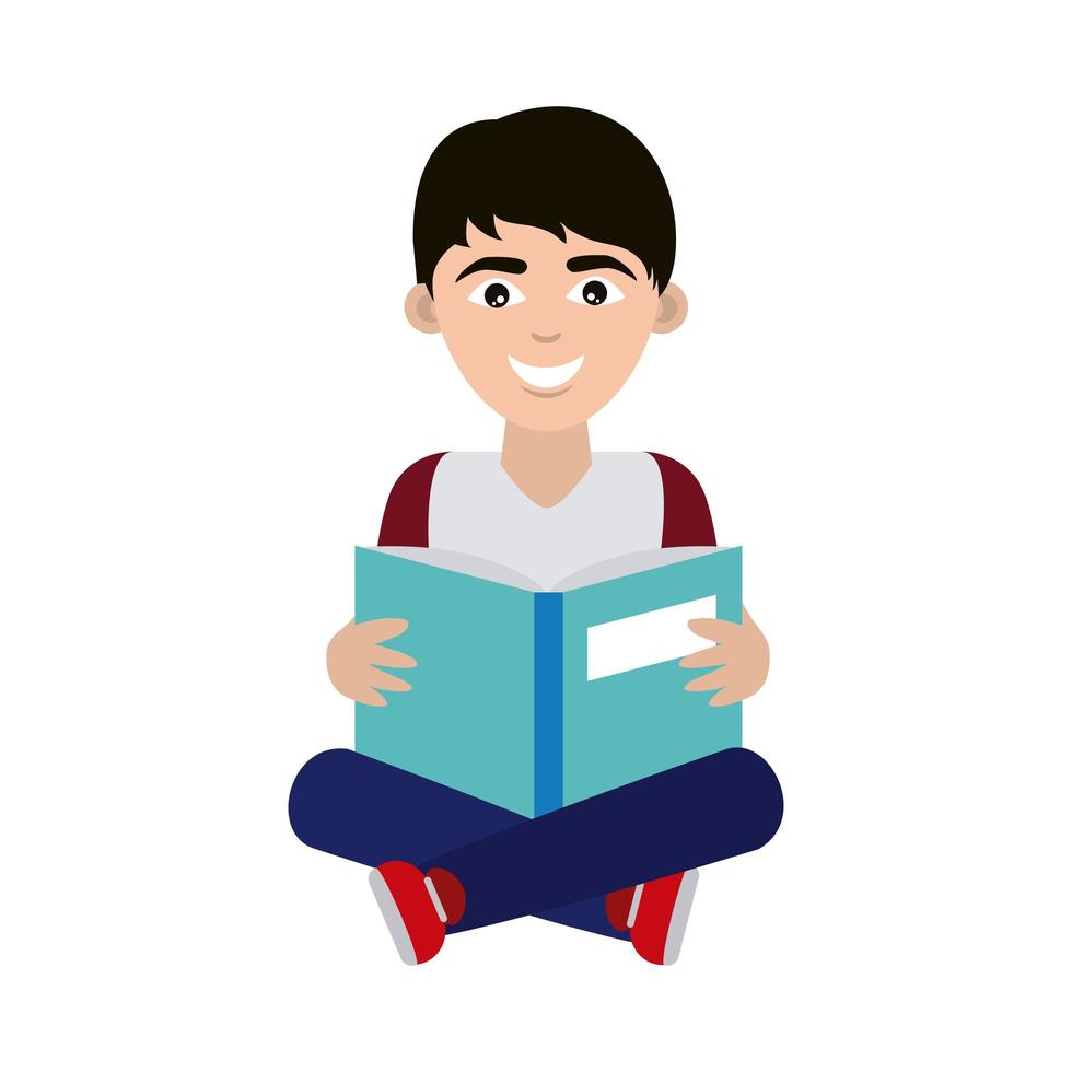 tiener met open boek zitten lezen huisonderwijs platte stijlicoon vector