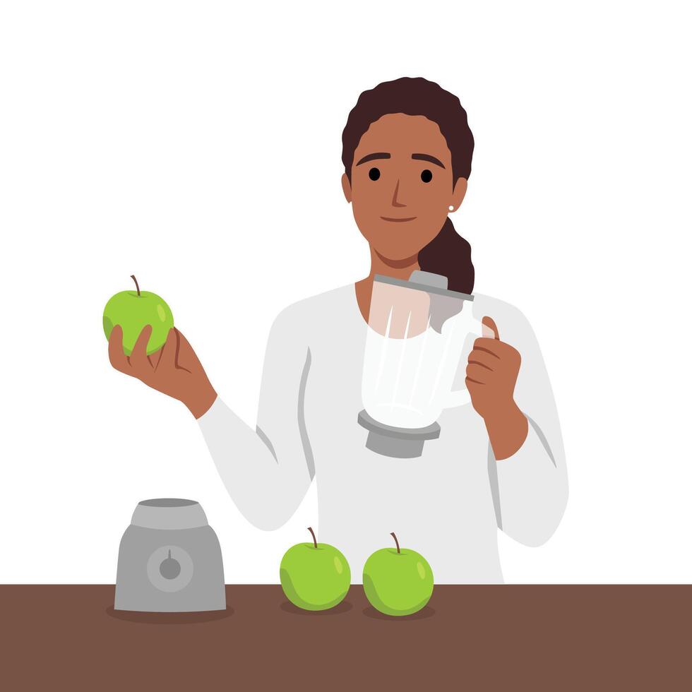 jong zwart vrouw maken een smoothie of cocktail in een blender van groen appel. vector