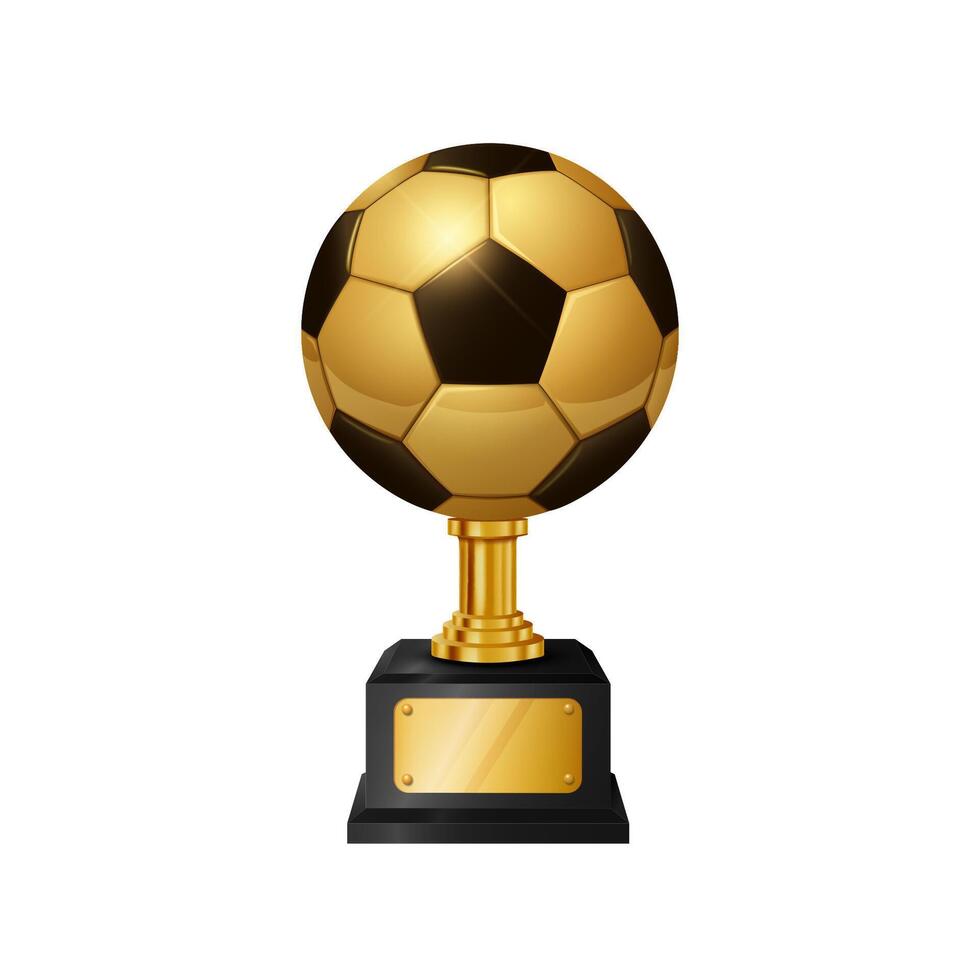 realistisch goud voetbal bal trofee, geïsoleerd Aan wit achtergrond, vector illustratie