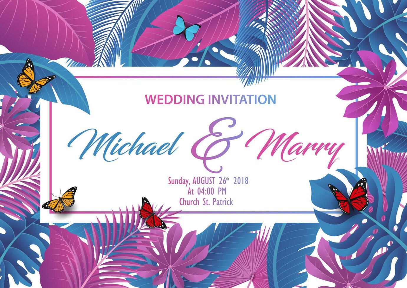 bruiloft uitnodiging met tropisch bladeren concept, vector illustratie