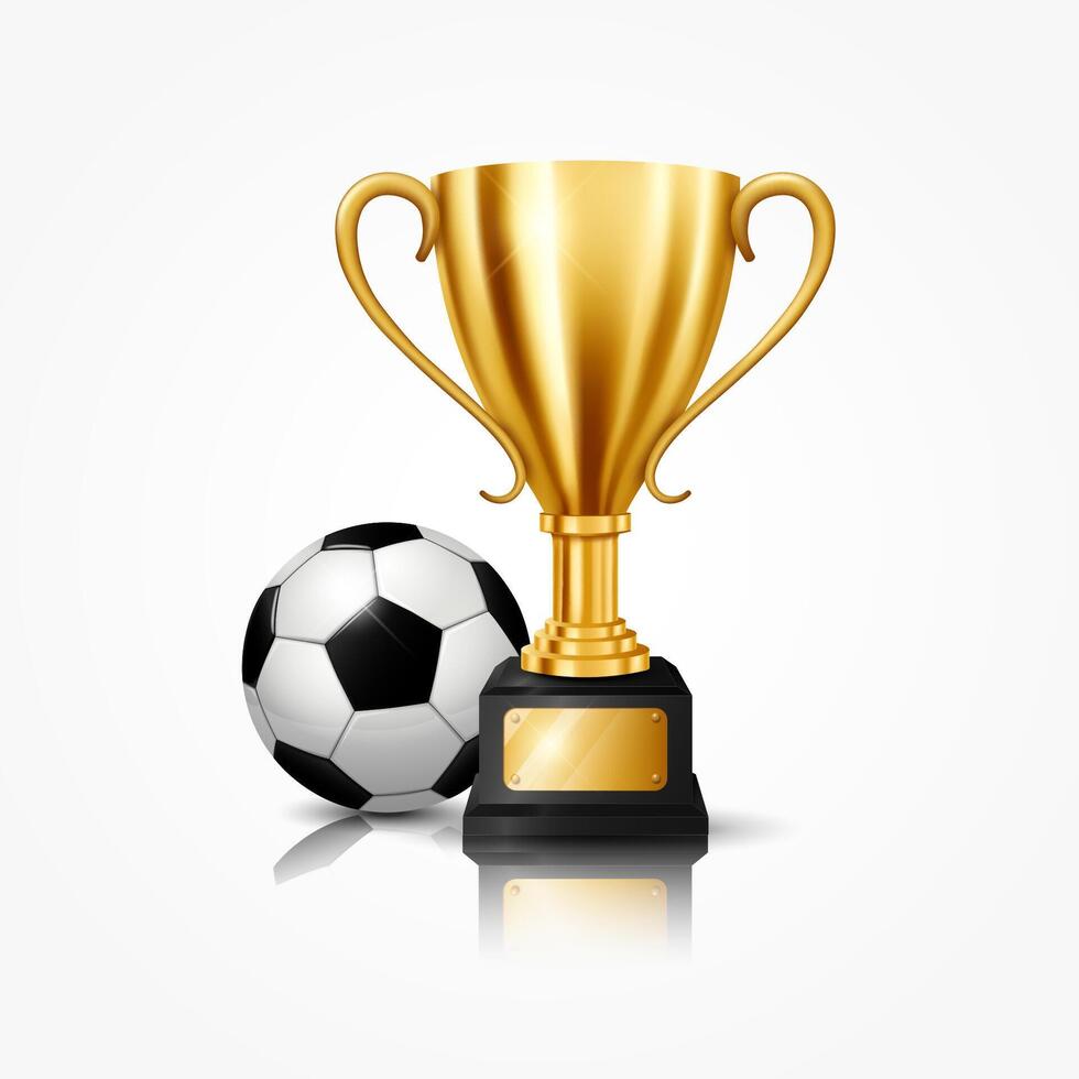 realistisch gouden trofee met voetbal bal, geïsoleerd Aan wit achtergrond, vector illustratie