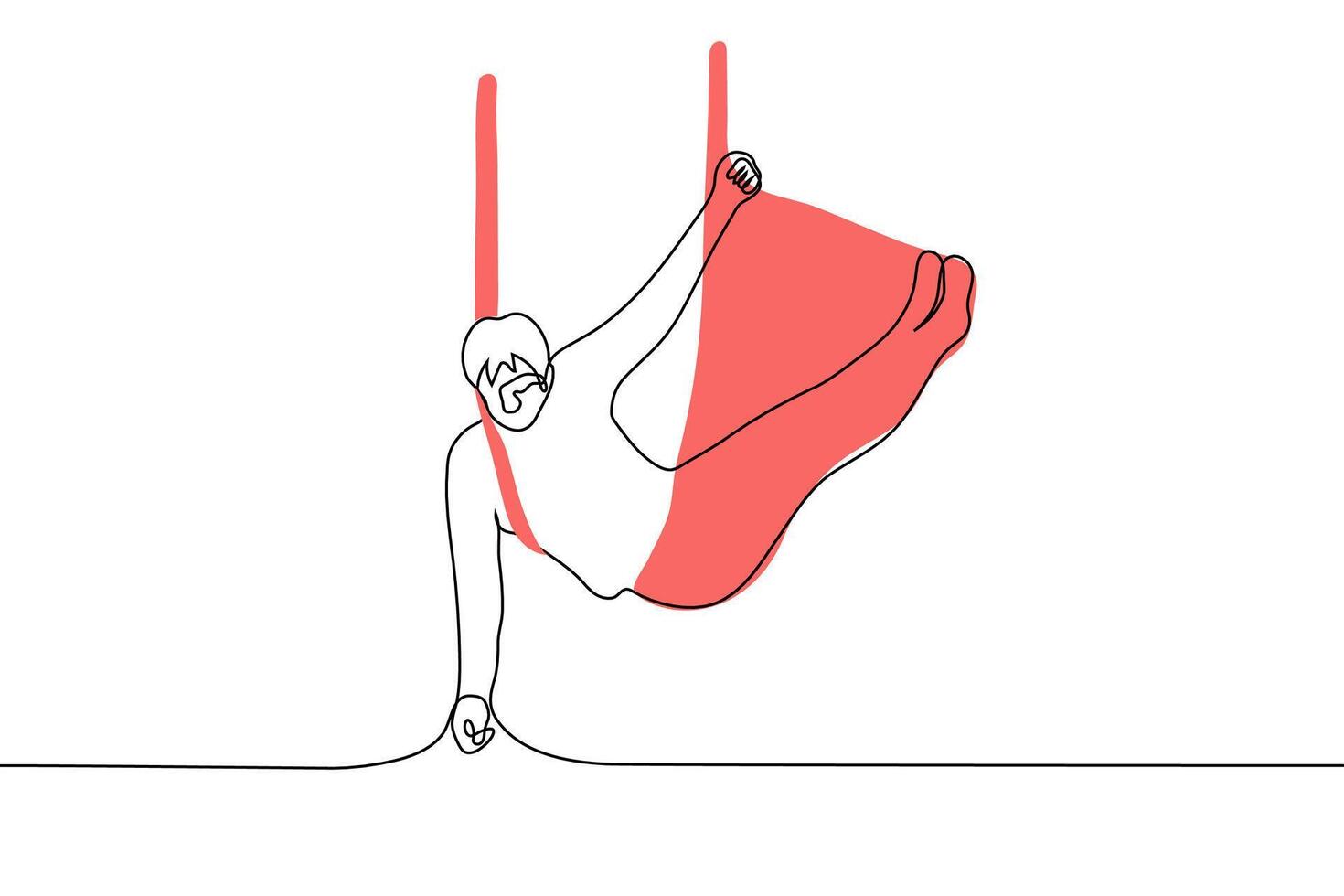 Mens hangende in de lucht, verpakt in rood hangmat - vector tekening in een lijn. pilates training met hangmat, vliegend yoga. uitrekken concept, training