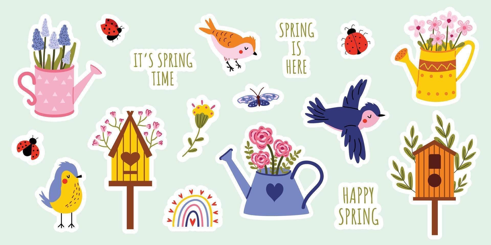 voorjaar sticker set. vector schattig illustratie. bloemen, vogels, vogelhuisjes, gieter blikjes met bloemen. verzameling van voorjaar elementen voor scrapbooken. hand- getrokken stijl. banier, poster, sticker.