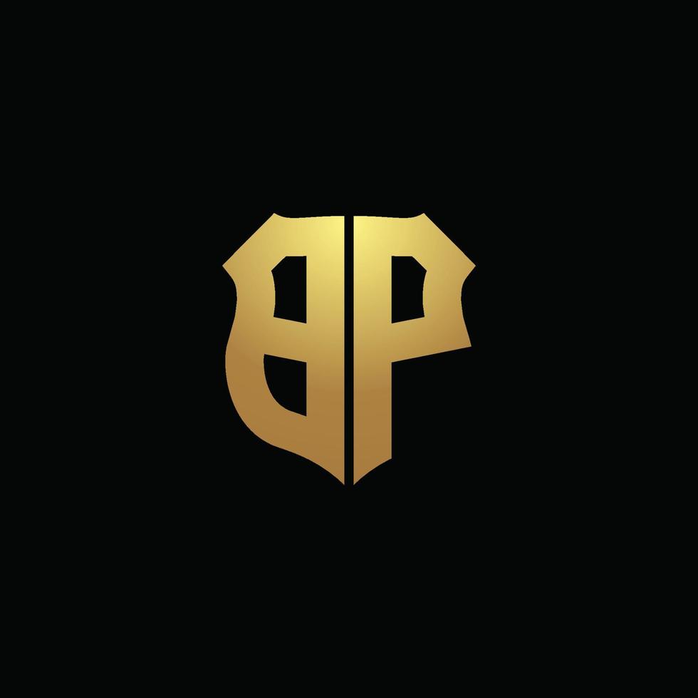 bp logo monogram met gouden kleuren en schildvorm ontwerpsjabloon vector