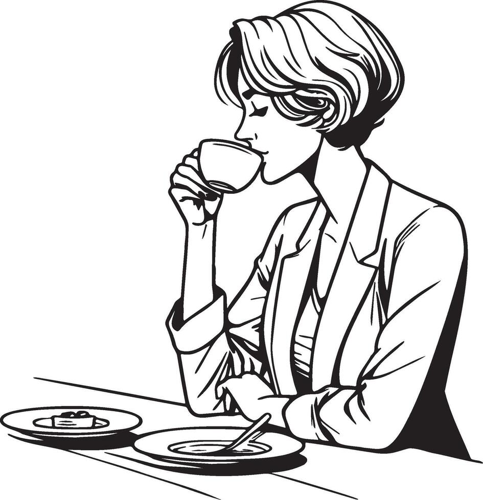 mode vrouw drinken koffie schetsen tekening. vector