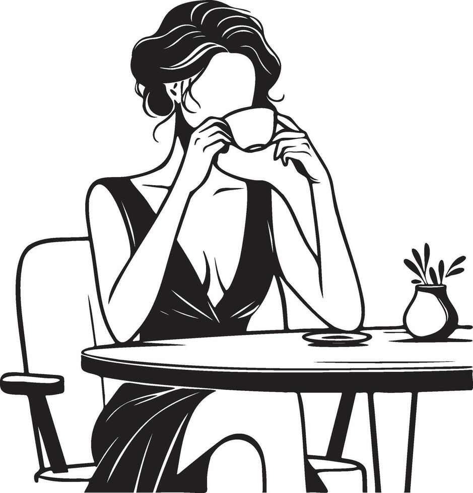 mode vrouw drinken koffie schetsen tekening. vector