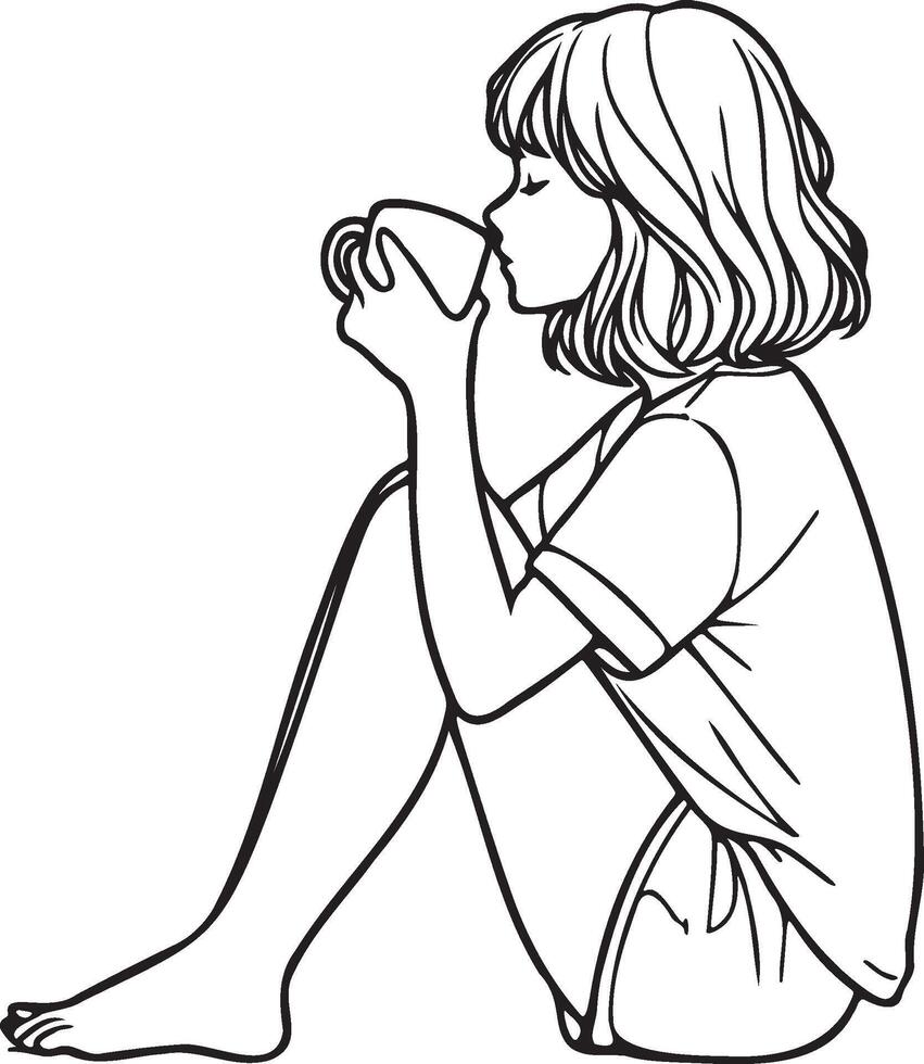 vrouw drinken koffie Bij huis schetsen tekening. vector