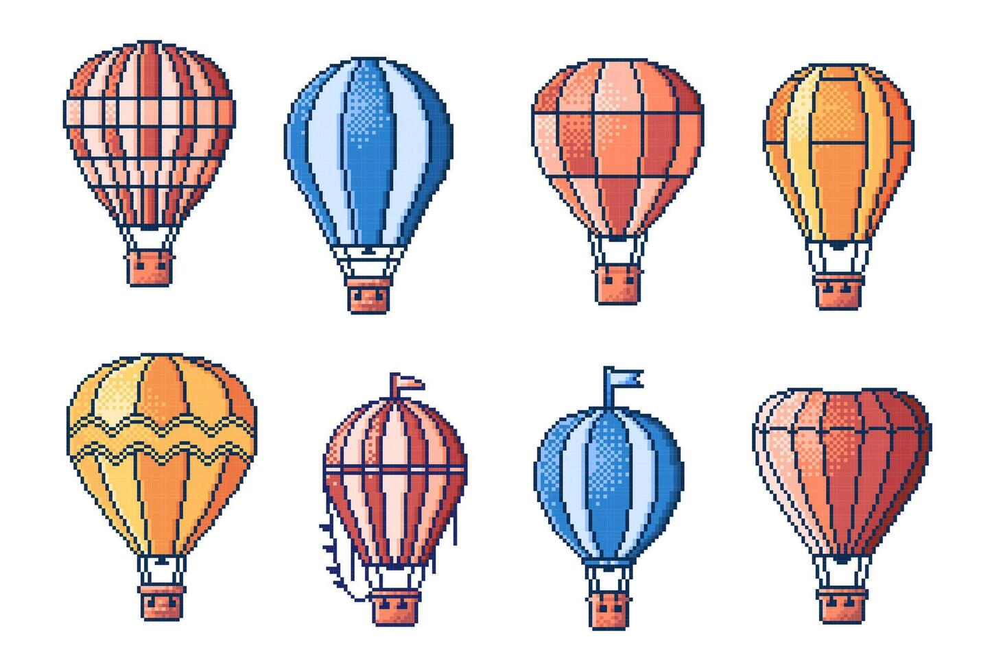 8 beetje pixel heet lucht ballonnen, speelhal spel Bedrijfsmiddel vector