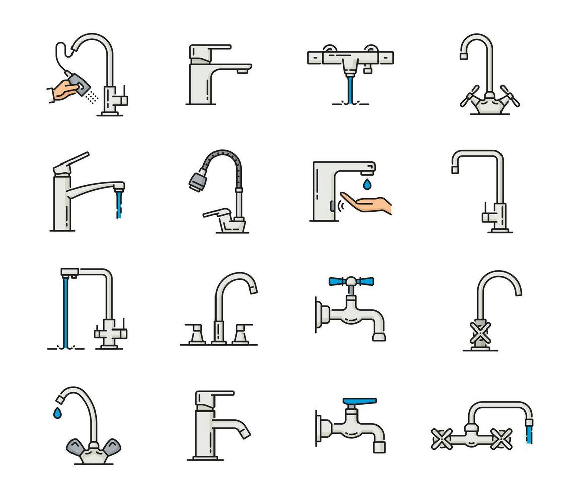 kraan badkamer en keuken water kraan lijn pictogrammen vector