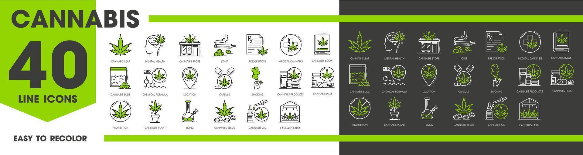 medisch hennep lijn pictogrammen, cbd en marihuana reeks vector