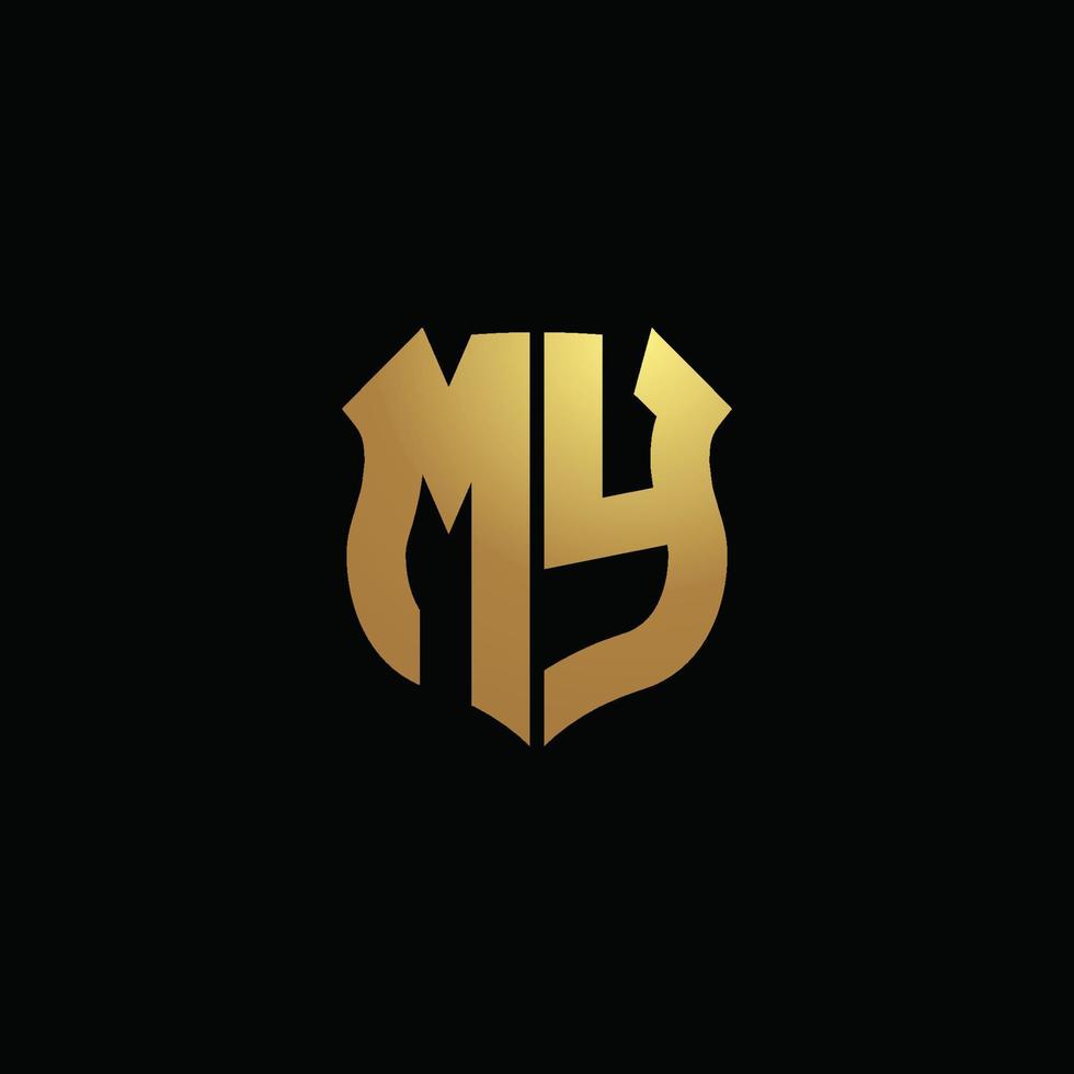 mijn logo-monogram met gouden kleuren en ontwerpsjabloon voor schildvorm vector