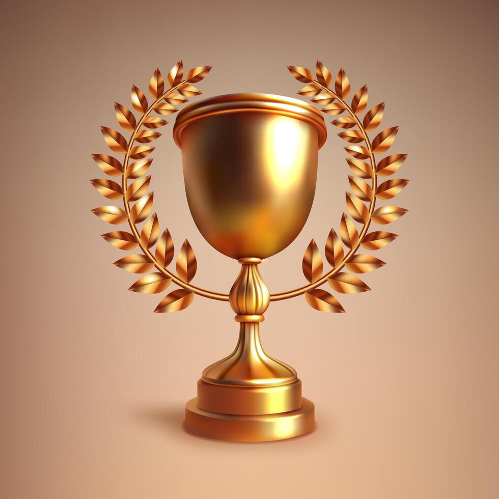 realistische gouden trofee met gouden lauwerkrans, vectorillustratie vector