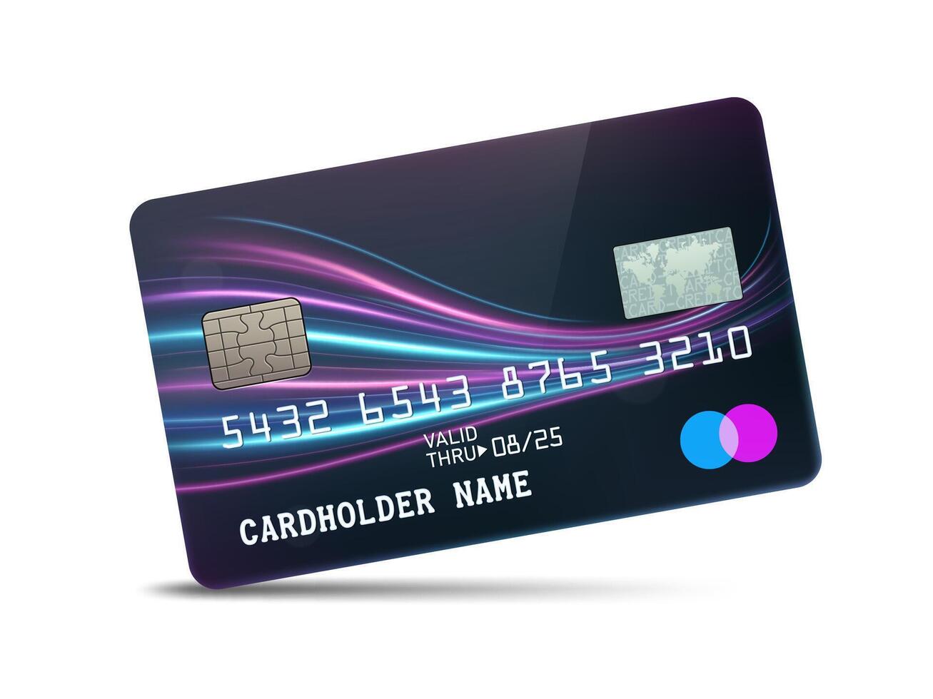 gedetailleerd glanzend zwart credit kaart met golvend neon licht decoratie, geïsoleerd Aan wit achtergrond, vector illustratie