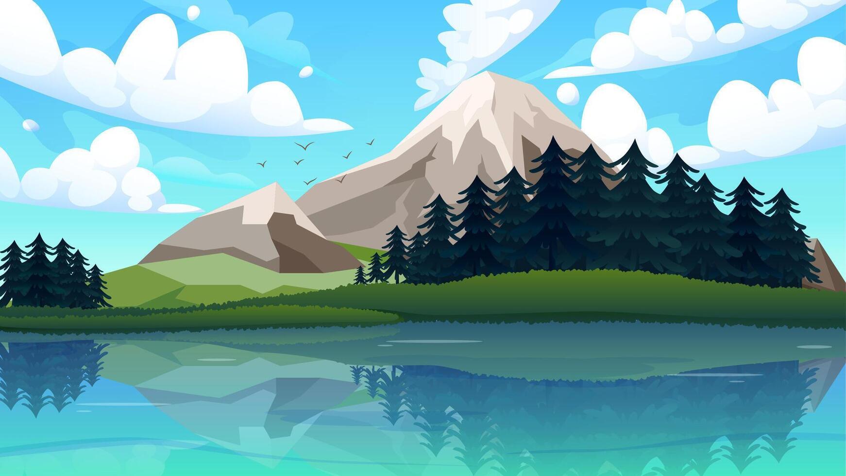 berg meer visie met Doorzichtig water reflectie, vector behang, vector illustratie