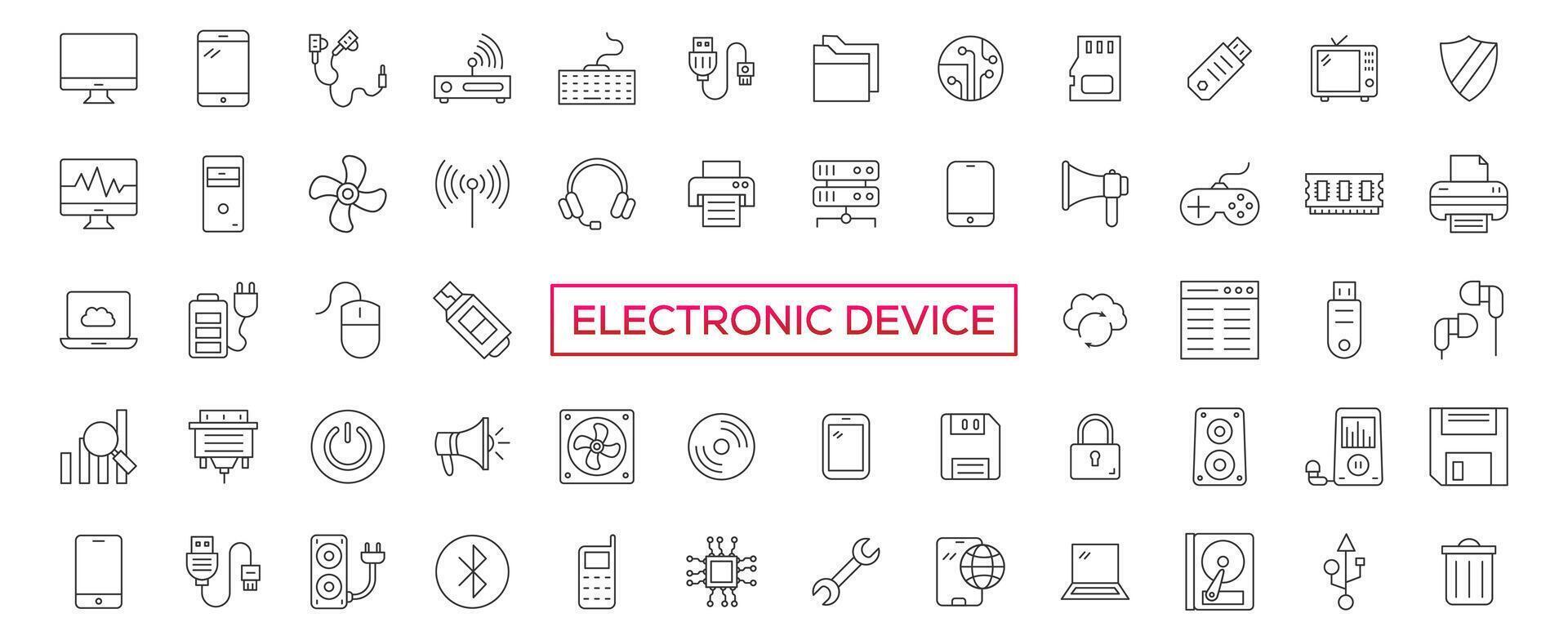 elektronisch apparaat lijn icoon set, technologie symbolen verzameling, vector schetsen, logo illustraties, lineair pictogrammen pakket geïsoleerd Aan wit achtergrond