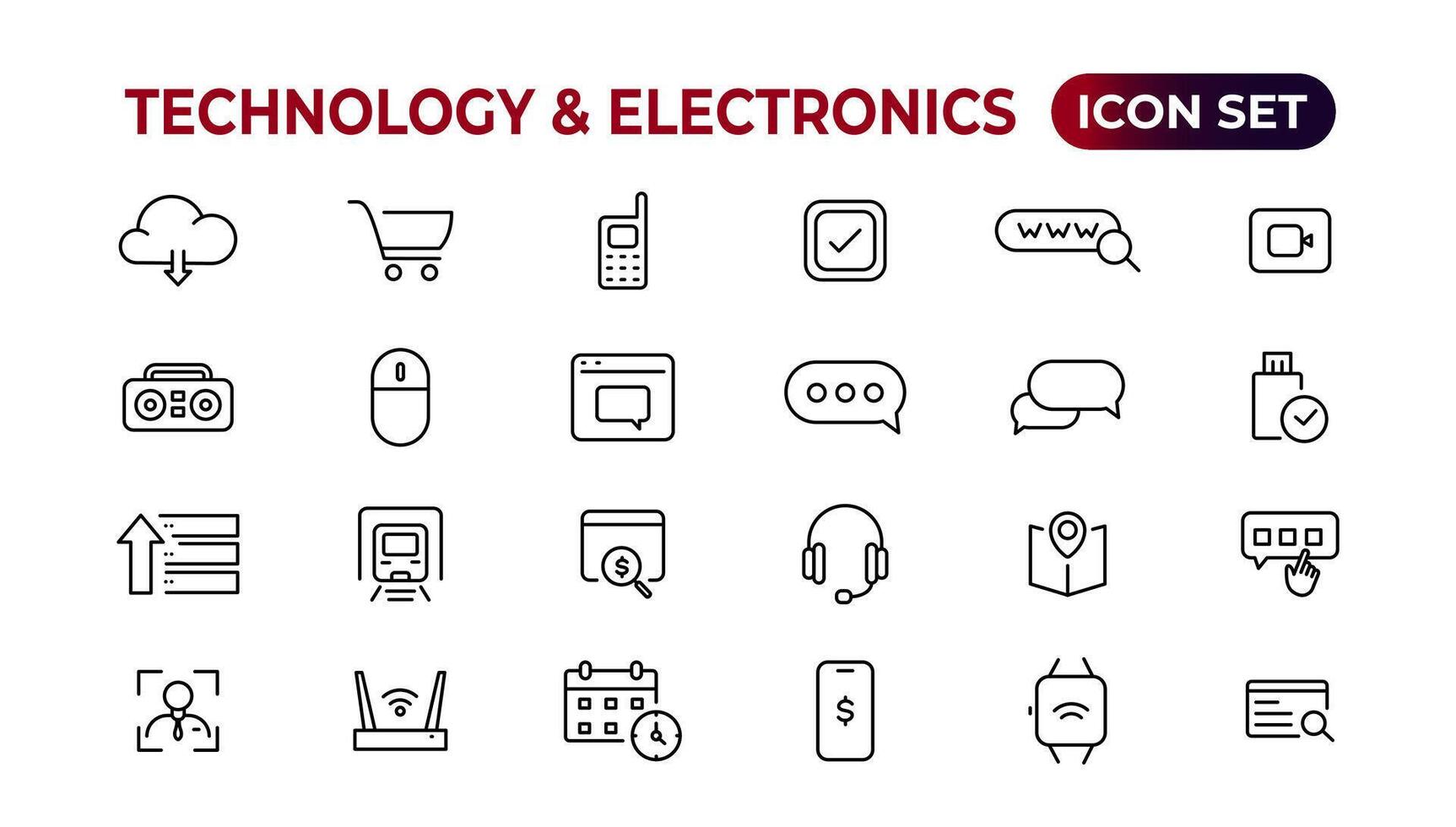 technologie en elektronica en apparaten web pictogrammen in lijn stijl. apparaat, telefoon, laptop, communicatie, smartphone, e-commerce. vector illustratie.