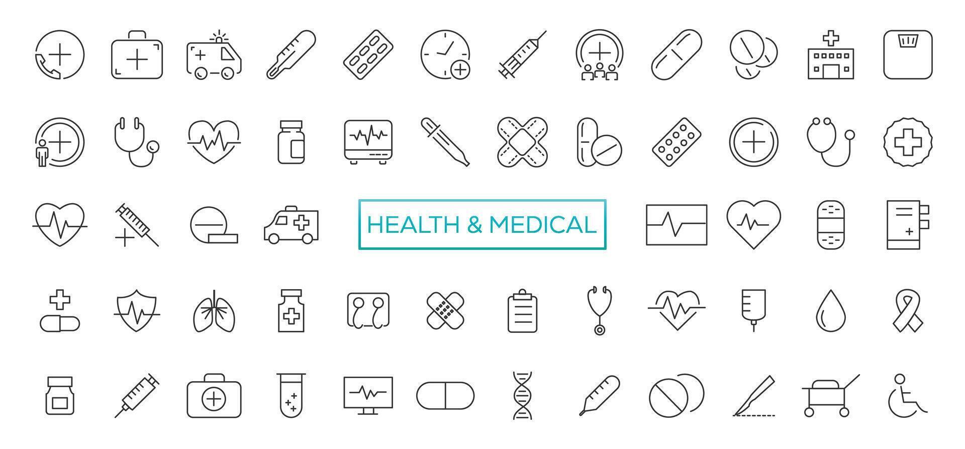 medisch pictogrammen set. lijn pictogrammen, teken en symbolen in vlak lineair ontwerp geneeskunde en Gezondheid zorg met elementen voor mobiel concepten en web apps vector