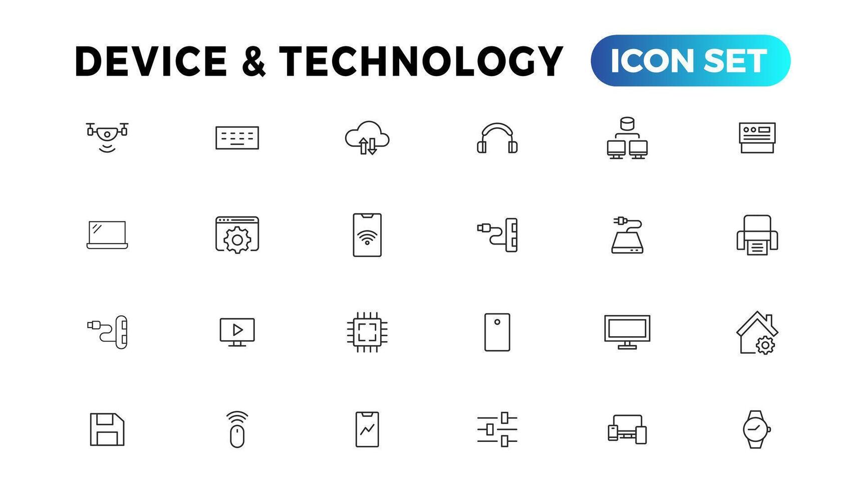 apparaat en informatie technologie lijn pictogrammen verzameling. groot ui icoon reeks in een vlak ontwerp. dun schets pictogrammen pak vector