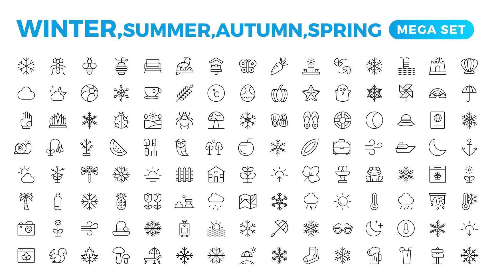 lente, zomer, herfst, en winter icoon set. weer pictogrammen. weer voorspelling icoon set. wolken logo. het weer, wolken, zonnig dag, maan, sneeuwvlokken, wind, zon dag. schets icoon verzameling. vector