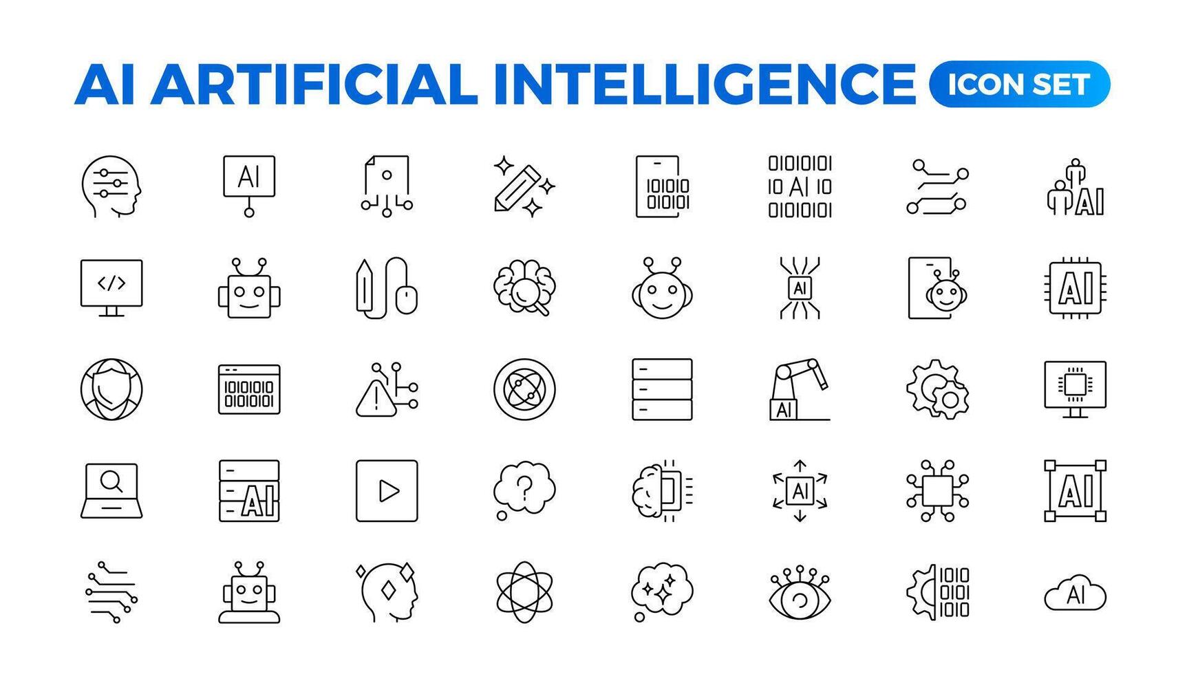 reeks van ai kunstmatig intelligentie- icoon reeks vector verzameling. ai essentials lijn icoon verzameling, kunstmatig intelligentie- icoon reeks in lijn stijl, machine aan het leren, slim robot vrij vector