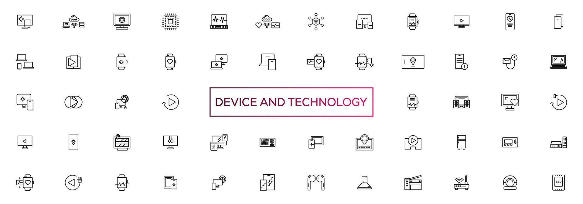 apparaat en technologie lijn icoon set. elektronisch apparaten en gadgets, computer, uitrusting en elektronica. computer monitor, smartphone, tablet en laptop sumbol verzameling vector